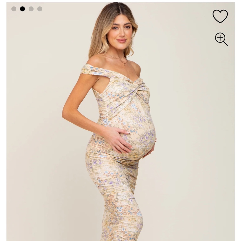 PinkBlush | Yellow Floral Ribbed Ruched Off Shoulder Maternity Mid Dress